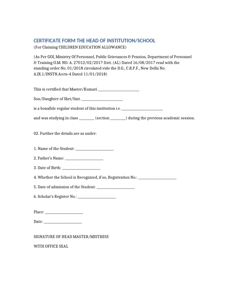 Certificate for Children Education Allowance | PDF