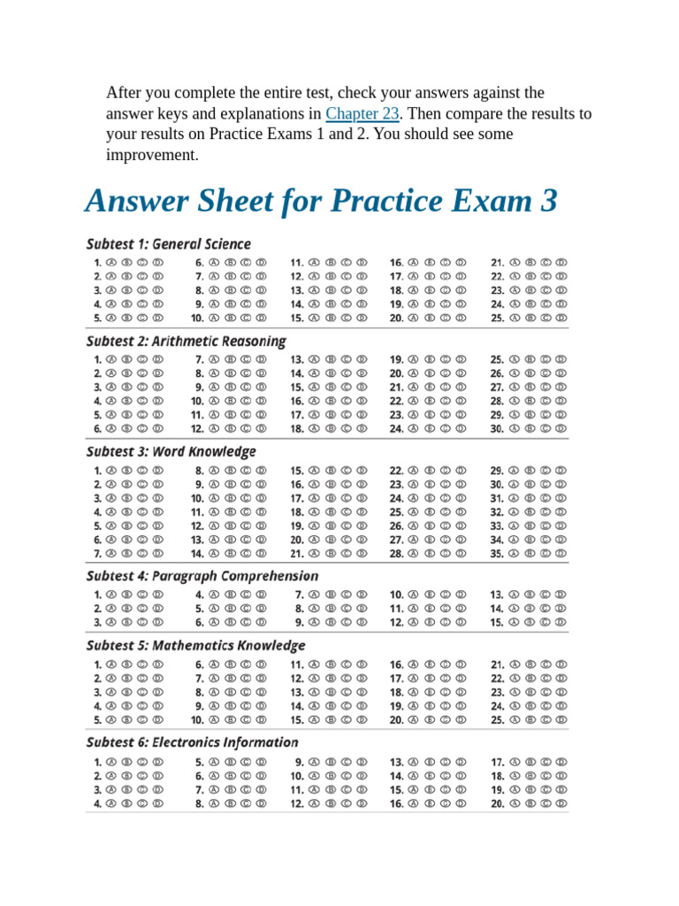 ASVABAnswer Sheet | PDF