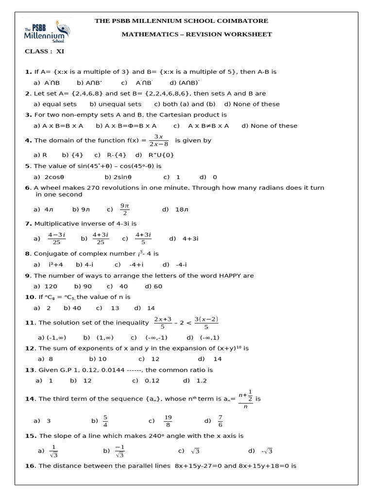 Class XI Mathematics Revision Worksheet | PDF | Function (Mathematics ...