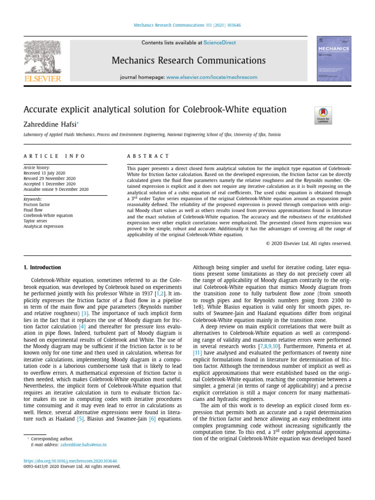 Accurate explicit analytical solution for Colebrook-White equation ...