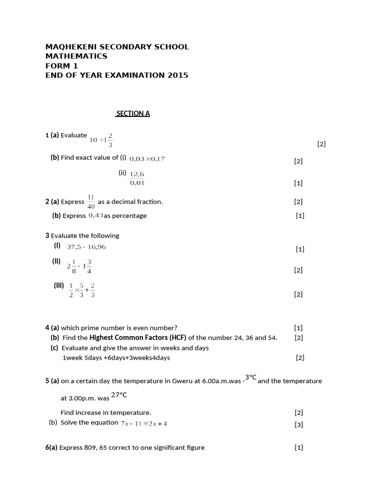 Form 1 Mathematics Exam 2015 | PDF | Area | Numbers
