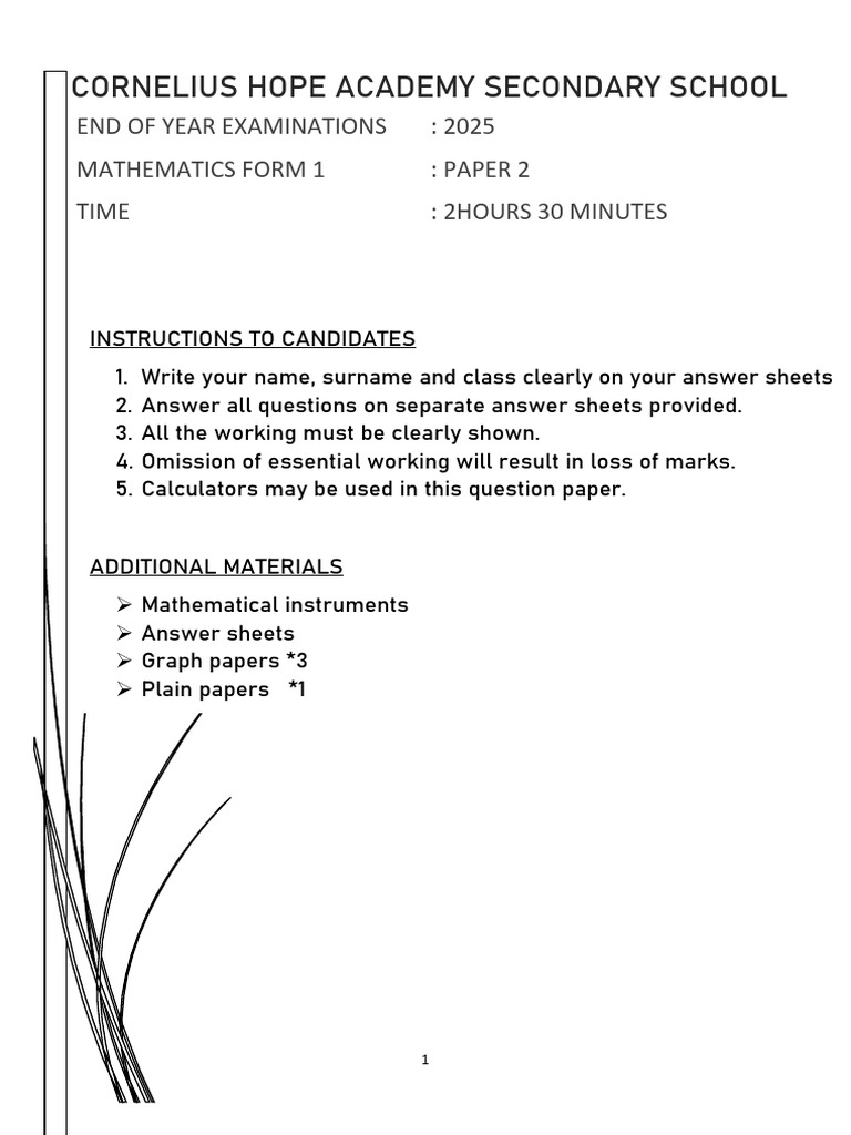 Form 1 Mathematics Exam Paper 2025 | PDF | Cartesian Coordinate System ...