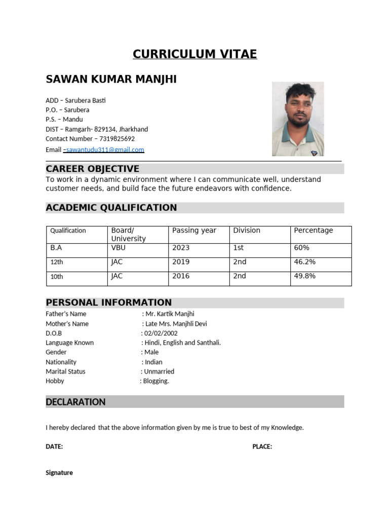 Sawan Kumar Manjhi CV and Profile | PDF