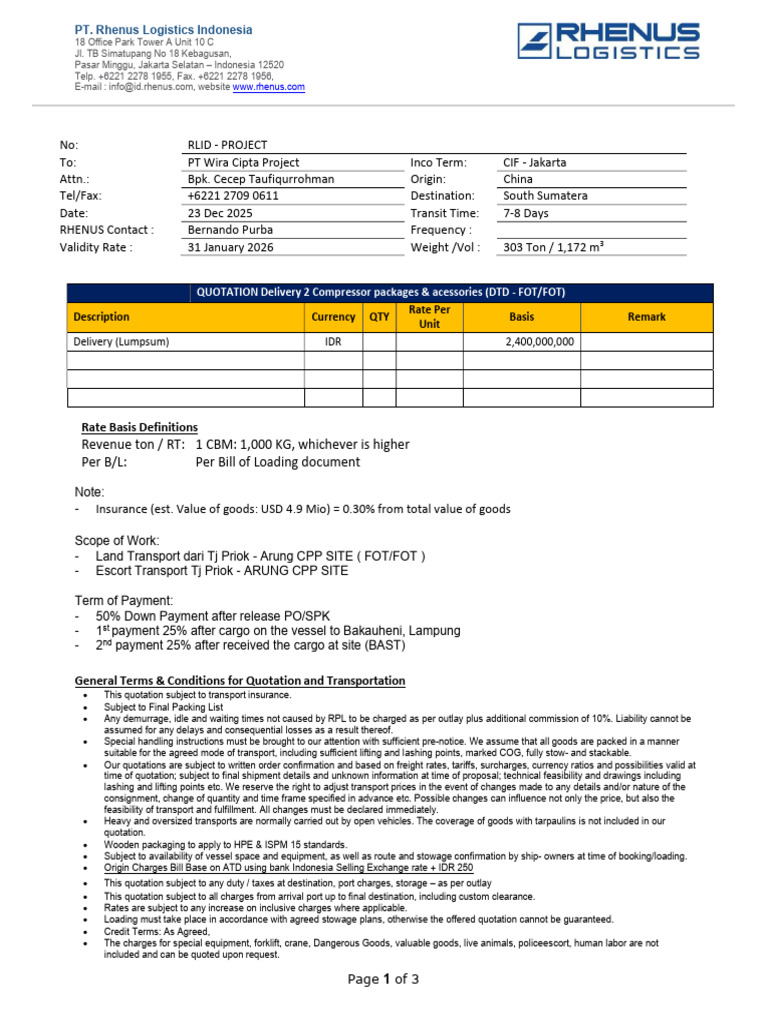 Rhenus Logistics Indonesia Quotation Details | PDF | Cargo | Transport