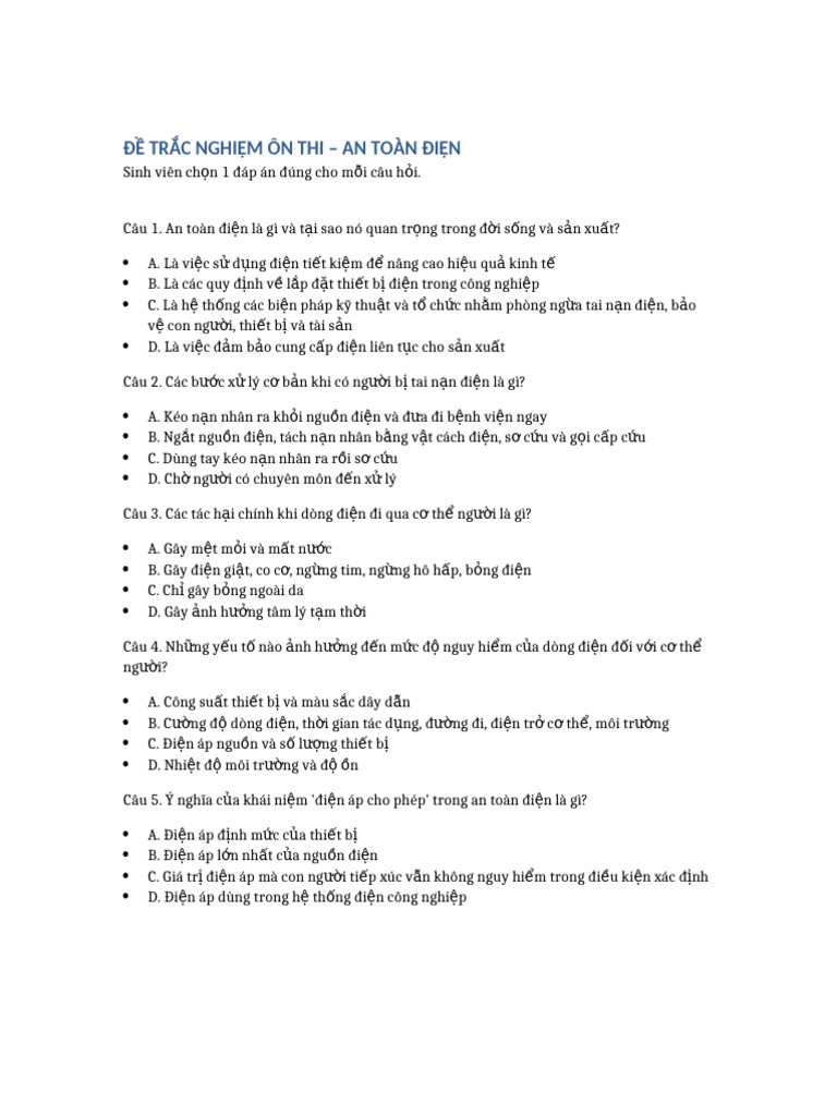 De Trac Nghiem An Toan Dien Phan 1 | PDF