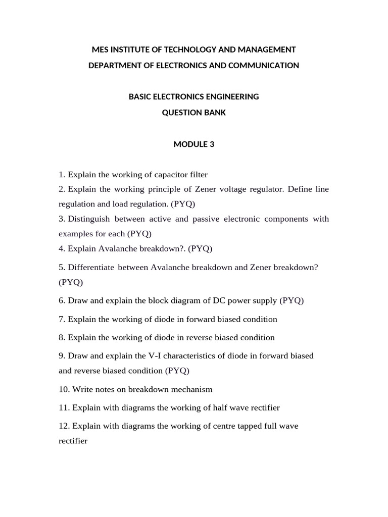 Basic Electronics Engineering Question Bank | PDF | Rectifier | Diode
