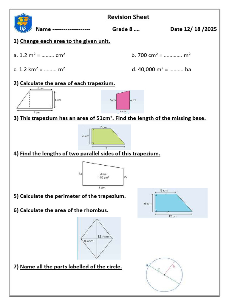 Grade 8 Area and Geometry Revision | PDF