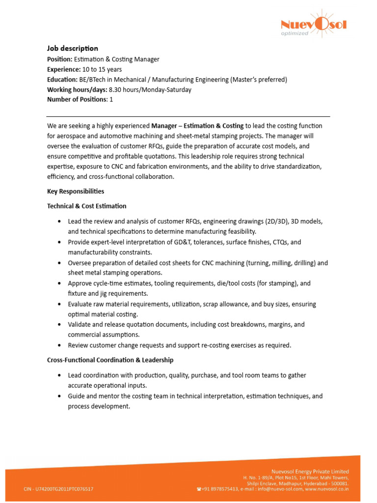 JD - Estimation or Costing Manager | PDF | Business Process ...