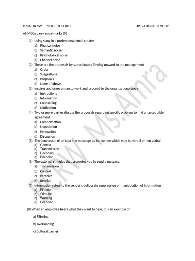 ICMA BCRW Operational Level Mock Test | PDF