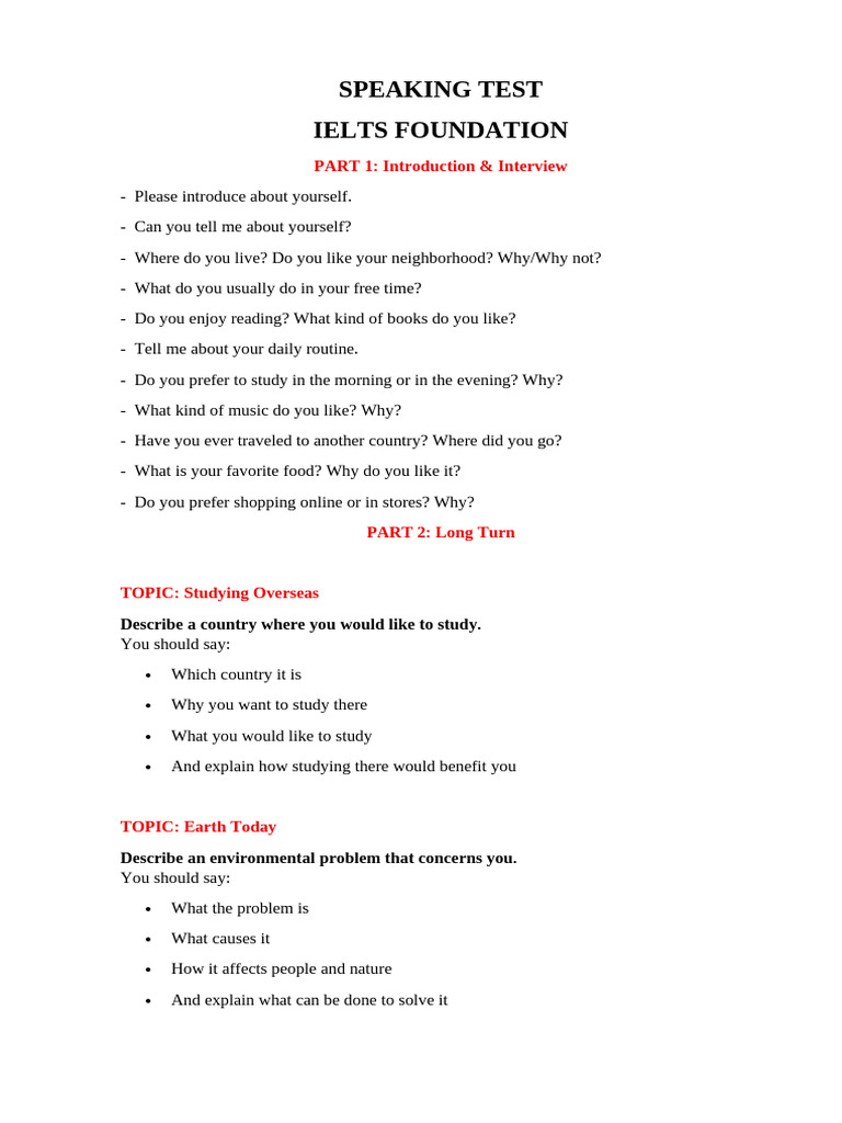 IELTS Speaking Test: Topics & Questions | PDF
