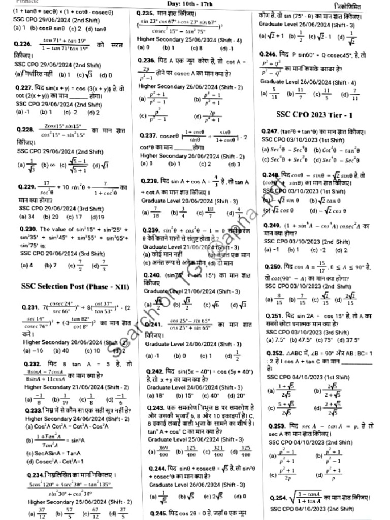 SSC CPO & Higher Secondary Math Questions | PDF | Mathematical ...