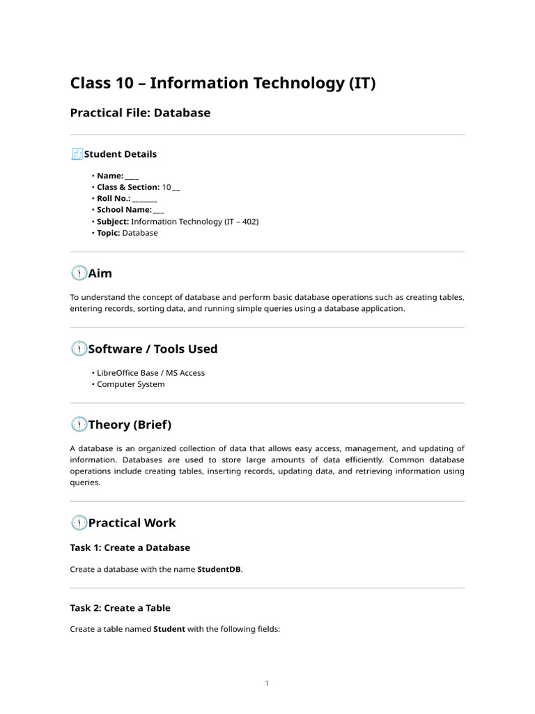 Class 10 IT Database Practical Guide | PDF | Databases | Information ...