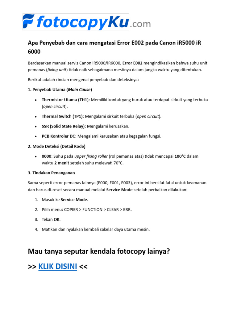 Penyebab dan Solusi Error E002 Canon iR | PDF