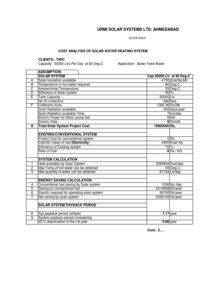 Cost Analysis of Solar Water Heating System | PDF | Water Heating ...