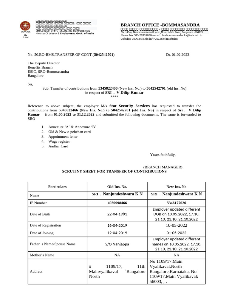ESIC Contribution Transfer Requests | PDF | Employment | Business Law
