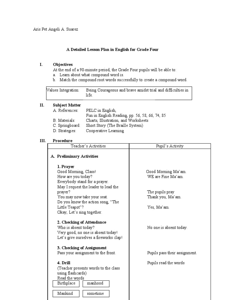 A Detailed Lesson Plan in English For Grade Four PDF Visual