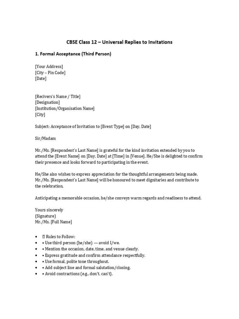 CBSE Class 12 Invitation Replies Guide | PDF | Madam