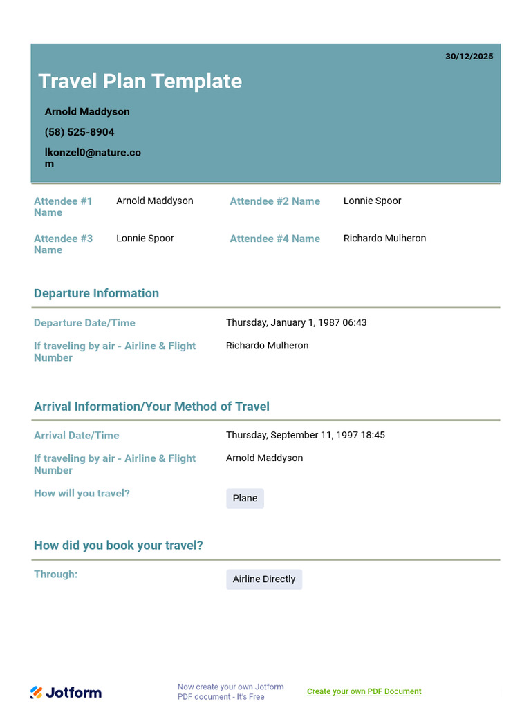 Travel Plan Template: Arnold Maddyson (58) 525-8904 | PDF