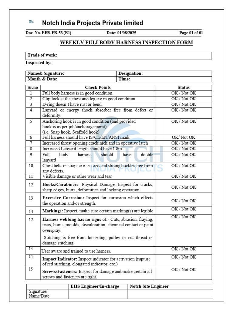 Weekly Full Body Harness Inspection Form | PDF | Screw | Mechanical ...
