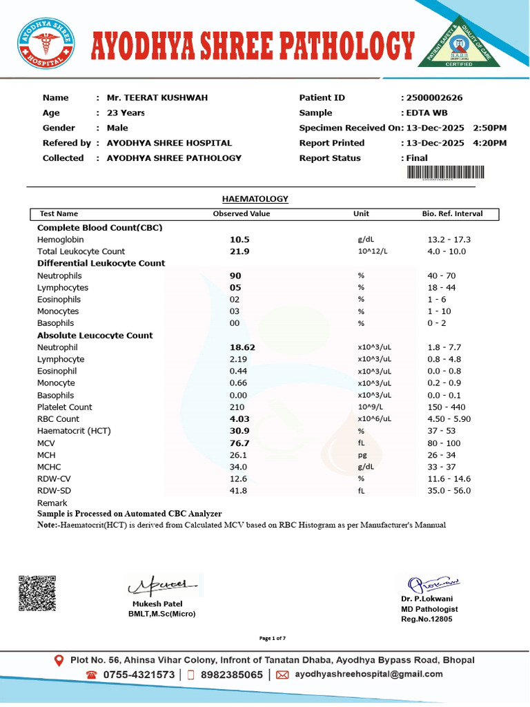 Comprehensive Blood Test Report for Mr. Kushwah | PDF | White Blood ...