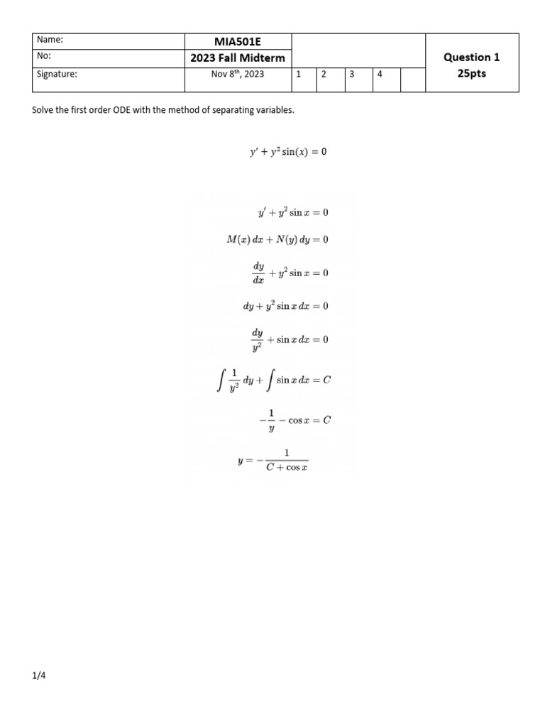 Fall 2023 ODE Midterm Solutions | PDF | Ordinary Differential Equation ...