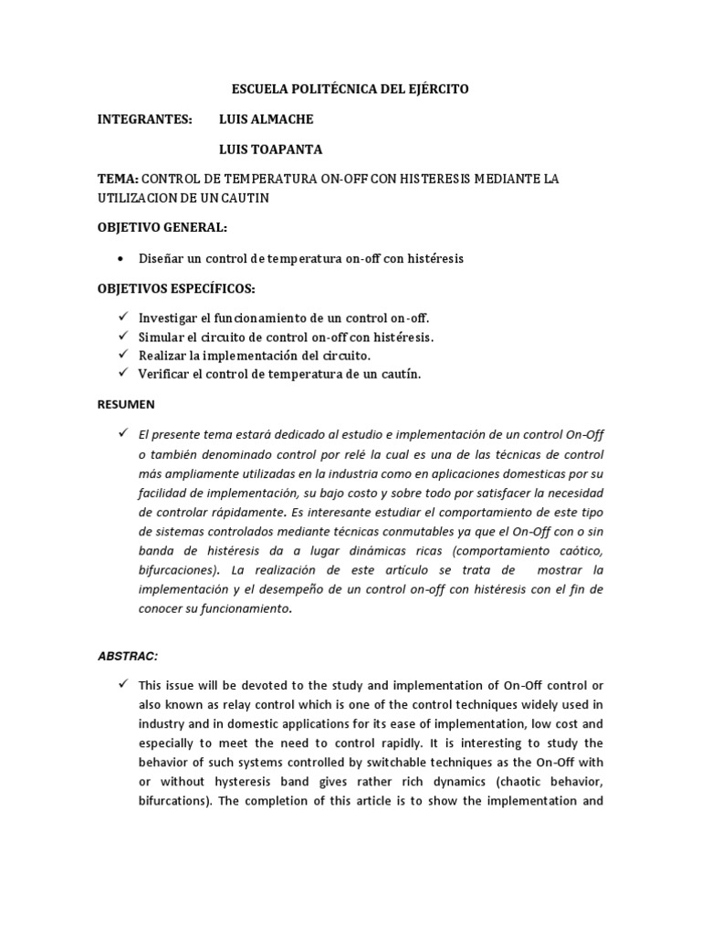 Control On-Off de Temperatura con Histeresis | PDF | Transformador | Diodo