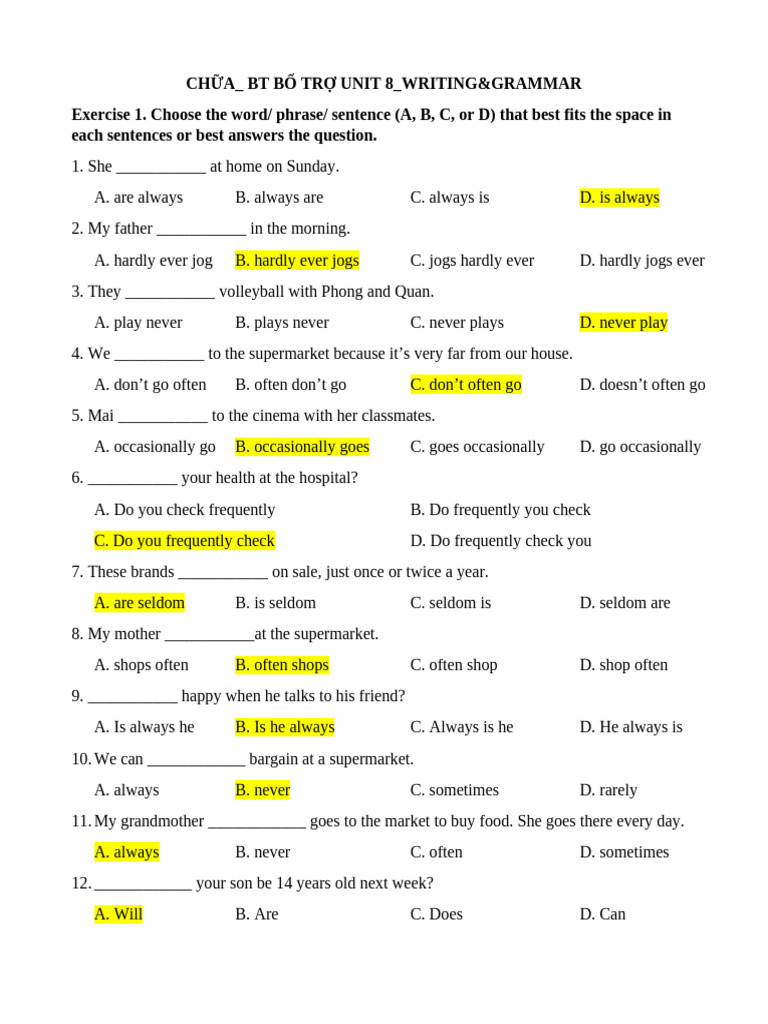 Writing and Grammar Exercises for Unit 8 | PDF