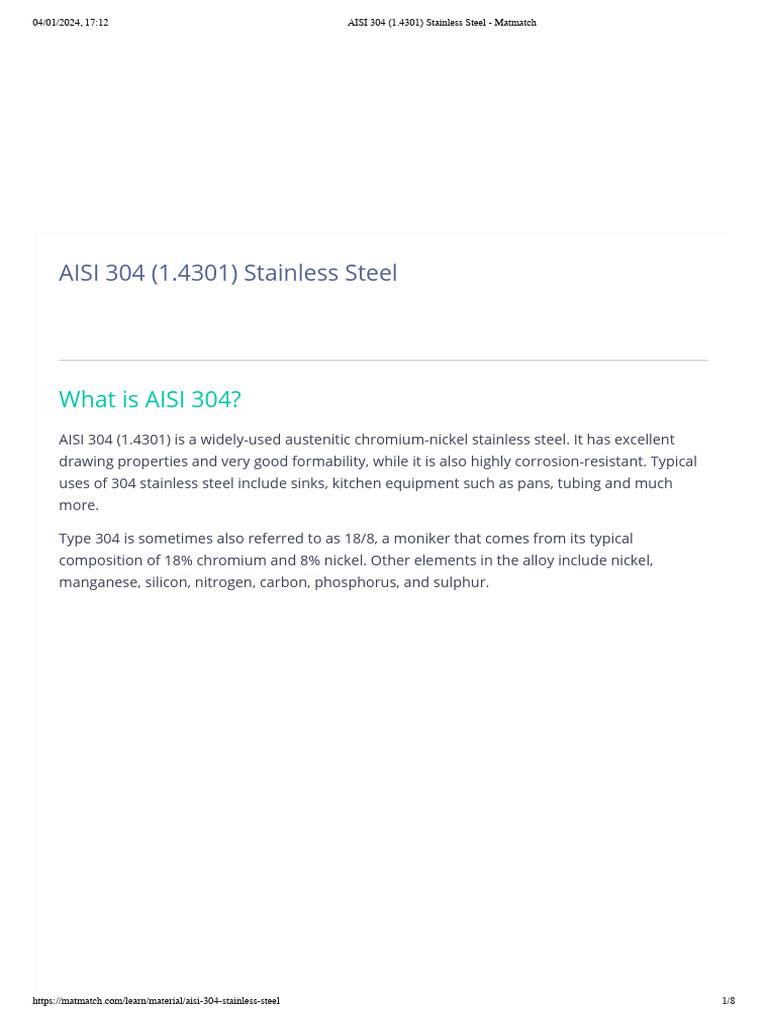 AISI 304 Stainless Steel Overview | PDF | Stainless Steel | Steel
