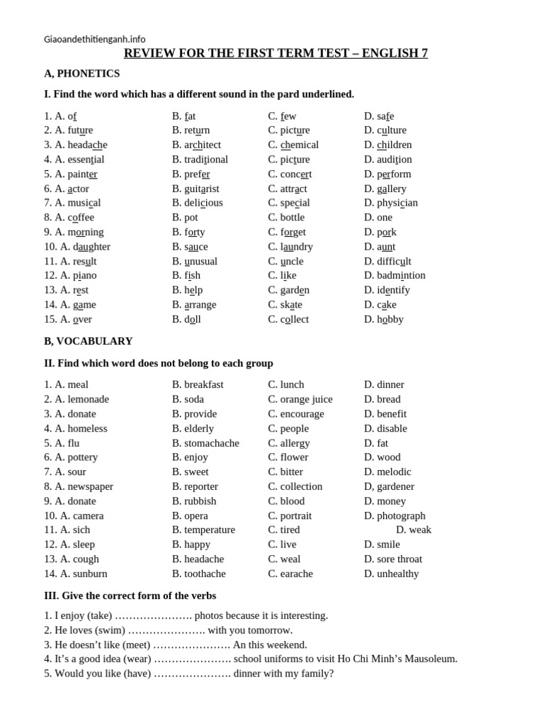 English 7 First Term Test Review | PDF