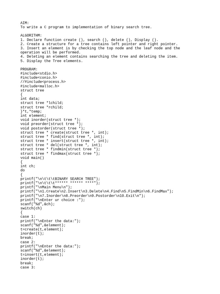 C Program for Binary Search Tree | PDF | Algorithms | Computer Programming
