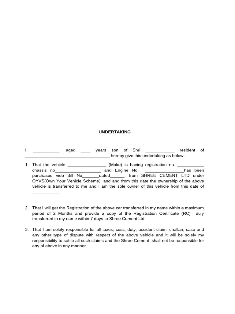Vehicle Ownership Transfer Undertaking | PDF