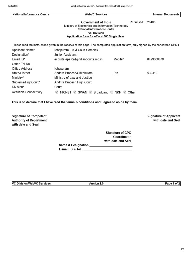 Application For WebVC Account For Ecourt VC Single User - Ichapuram ...