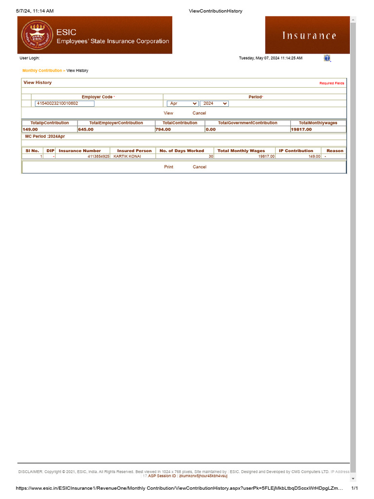 ESIC Monthly Contribution Summary | PDF
