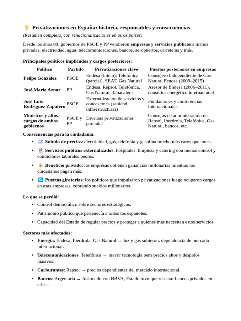 Privatizaciones en España Historia, Responsables y Consecuencias | PDF ...