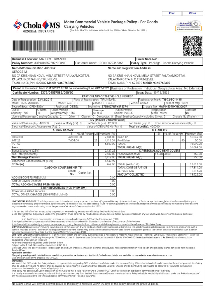 Motor Insurance Policy for Goods Vehicles | PDF | Insurance | Vehicles