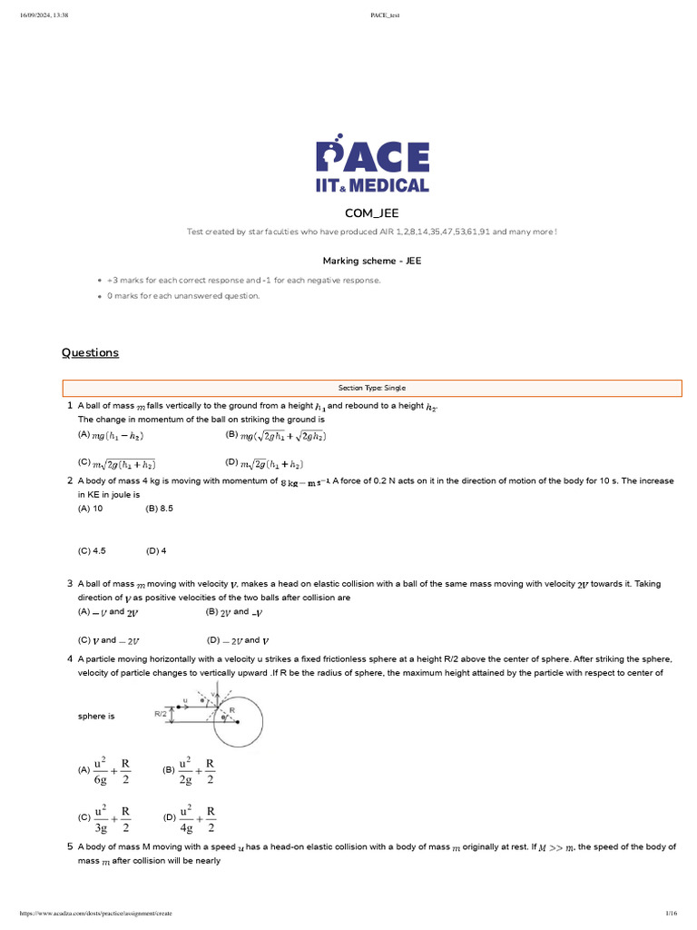 JEE Physics Practice Test Questions | PDF | Momentum | Collision