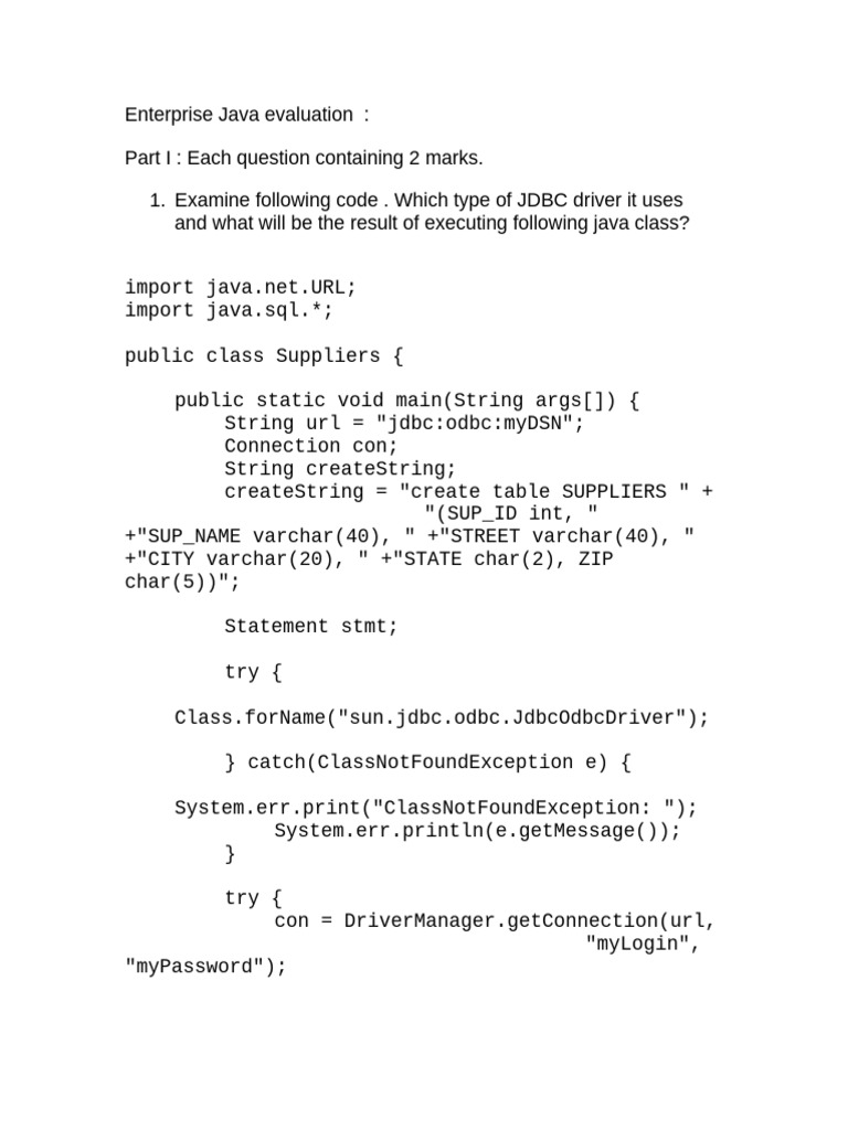 Enterprise Java JDBC and EJB Exam Questions | PDF | Computer ...