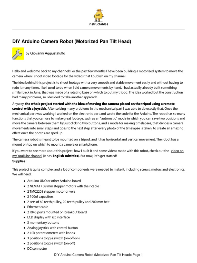 DIY-Arduino-Camera-Robot-Motorized-Pan-Tilt-Head | PDF | Tripod ...