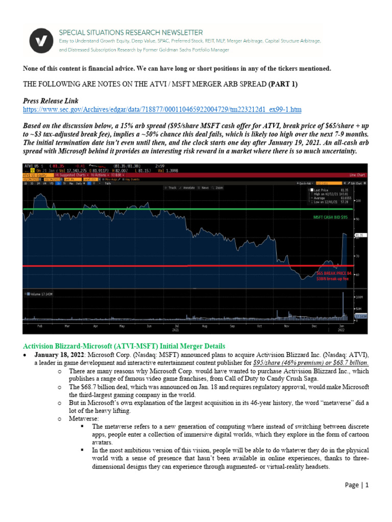 ATVI-MSFT Merger Arb Spread Analysis | PDF | Microsoft