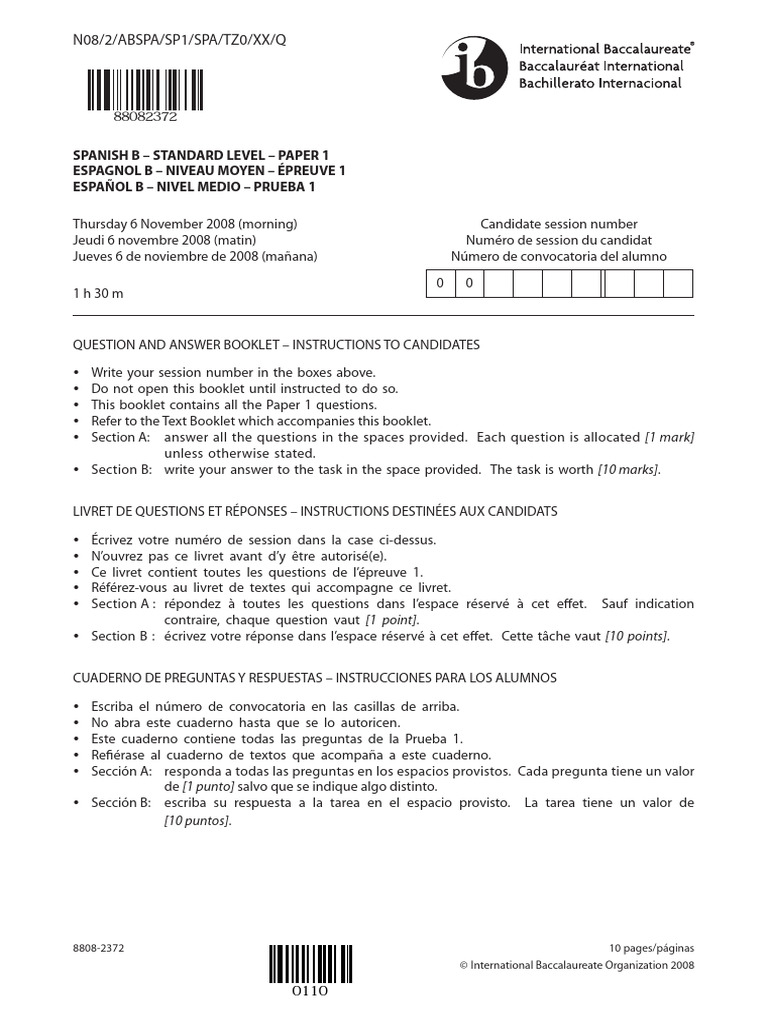 Spanish B Paper 1 Question Booklet SL | PDF | Residuos | Contaminación