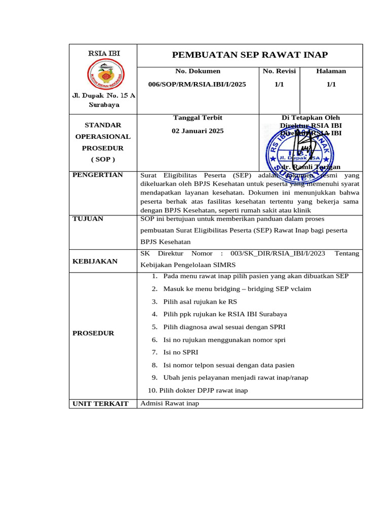 Prosedur Pembuatan SEP Rawat Inap | PDF