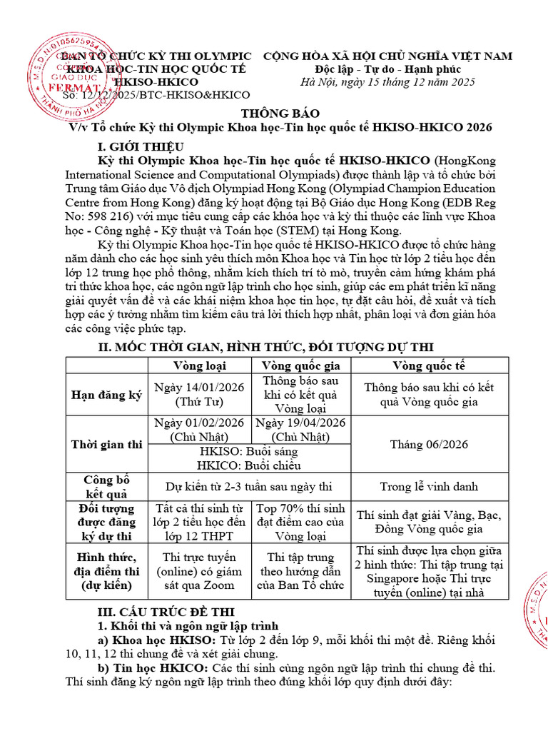 Kỳ Thi Olympic Khoa Học-Tin Học Quốc Tế HKISO-HKICO 2026 | PDF