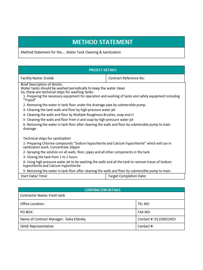 Water Tank Cleaning Method Statement | PDF | Chlorine | Water