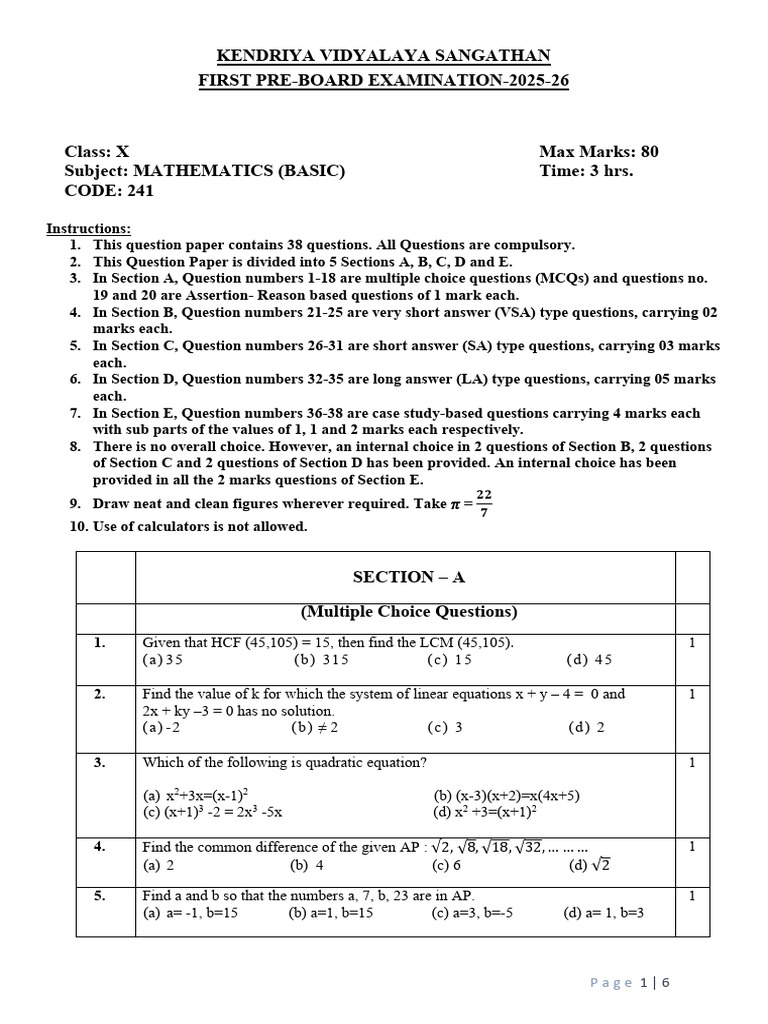 Class X Mathematics Pre-Board Exam 2025-26 | PDF | Circle | Elementary ...