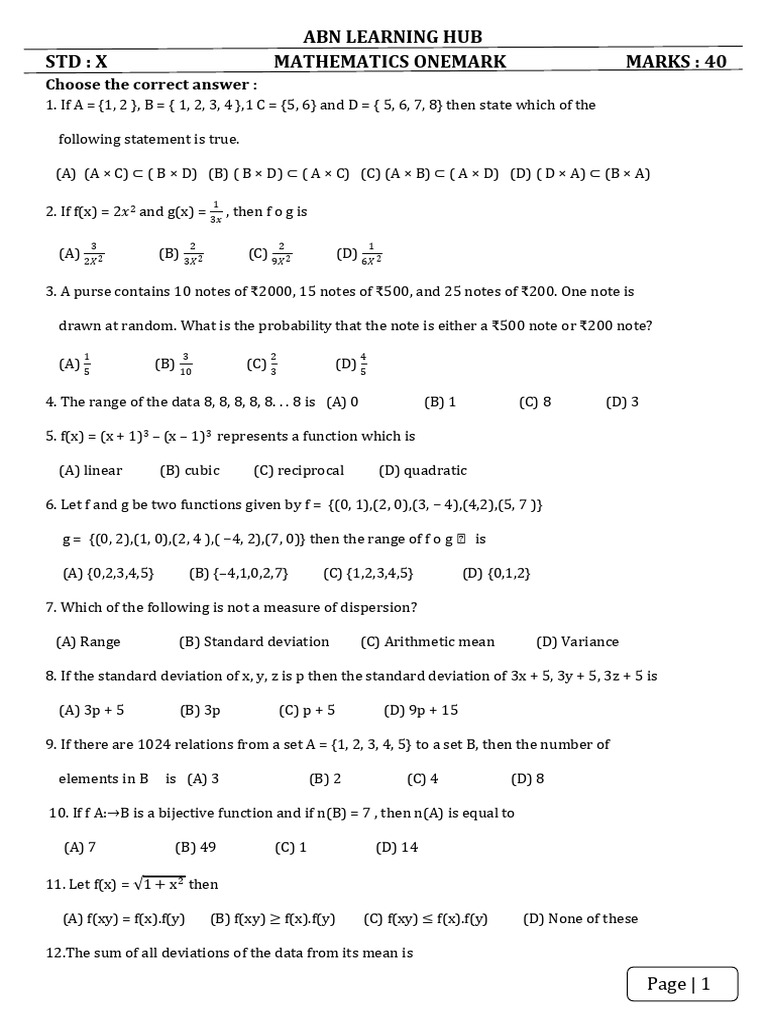 10th Maths Chap 1 and 8 Onemarks | PDF | Mathematical Concepts ...
