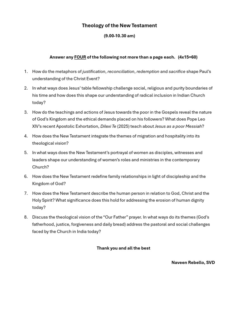 New Testament Theology Exam Questions | PDF