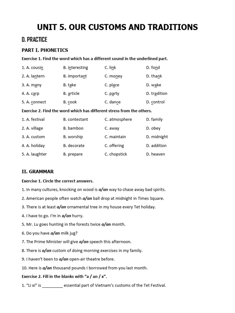Phonetics and Grammar Exercises on Traditions | PDF | Educational ...
