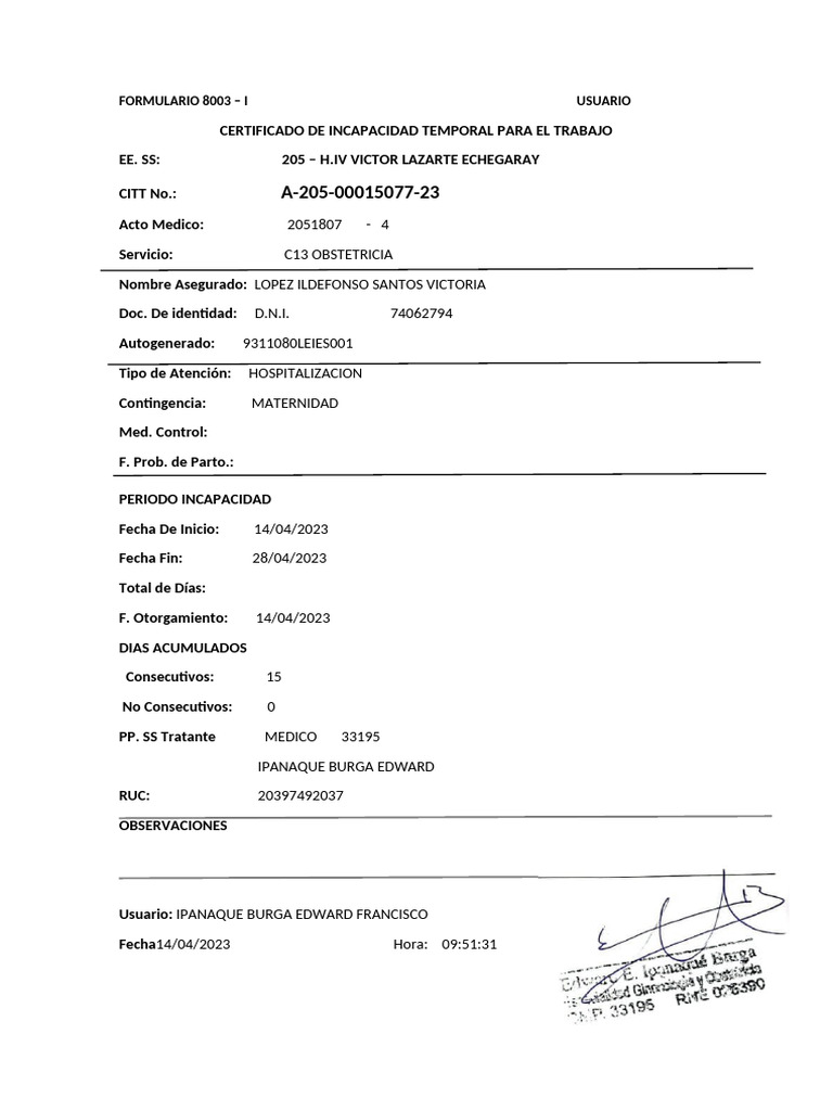 Certificado de Incapacidad Temporal 8003 | PDF