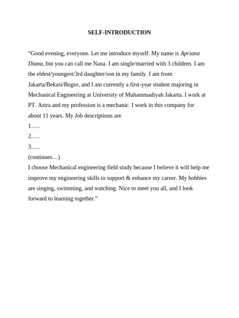 Self-Introduction of Mechanical Engineering Student | PDF