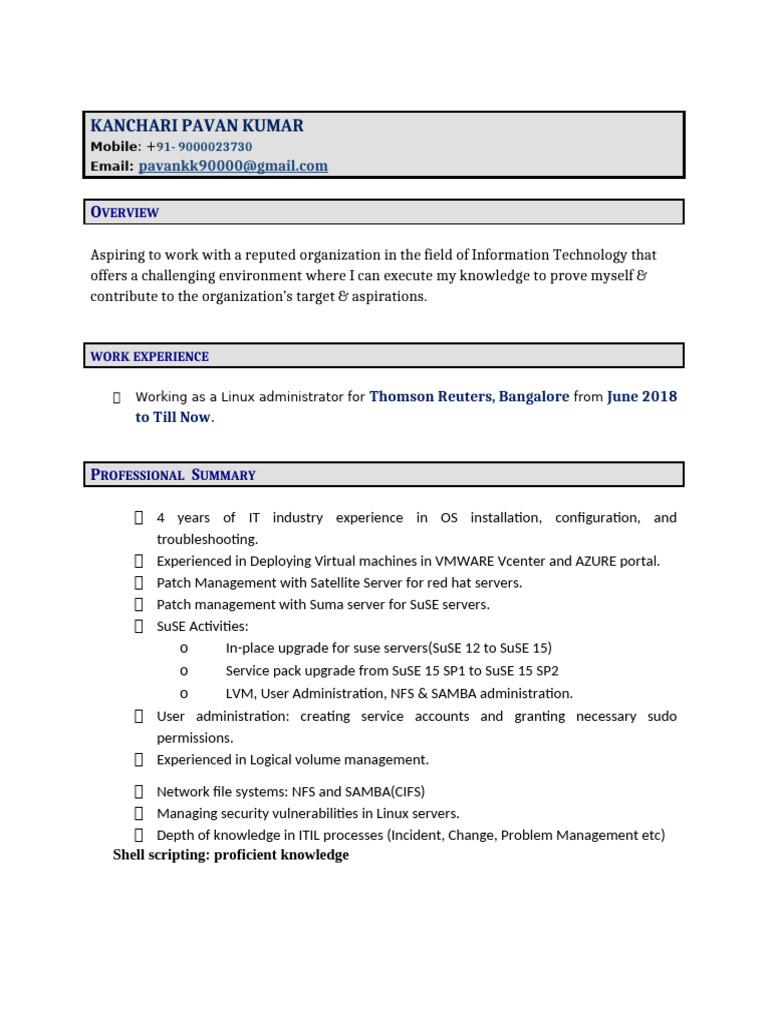 Linux Administrator Resume - Pavan Kumar | PDF | Virtualization | Computing